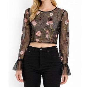 Ten Sixty Black Mesh Floral Embroidered Crop Top Ruffle Whimsigoth Fairy M